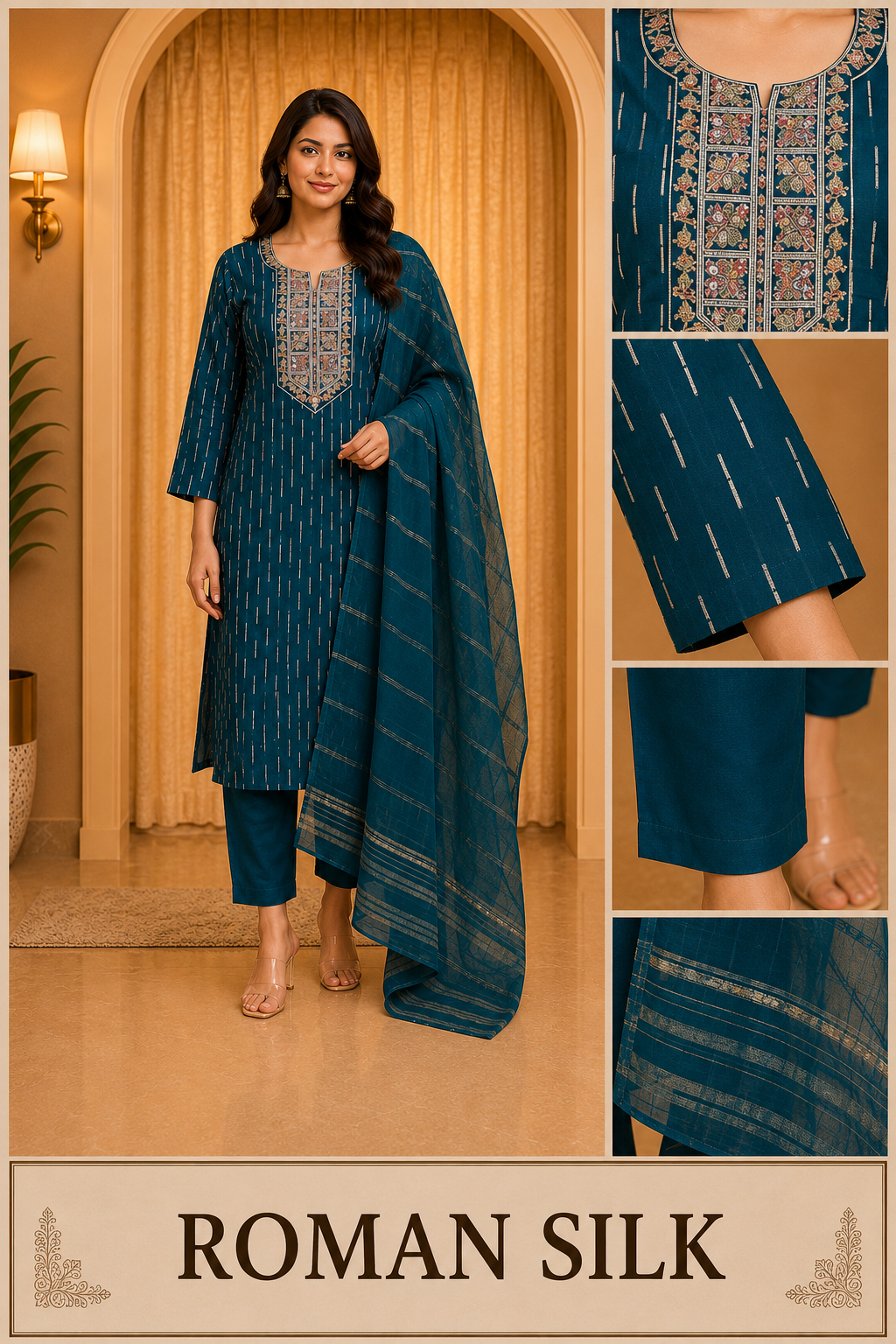 Teal Blue ROMAN SILK Embroidered Straight Kurti Set with Pant &amp; Dupatta