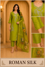 Olive Green ROMAN SILK 3-Piece Embroidered Ethnic Suit Set with Printed Dupatta