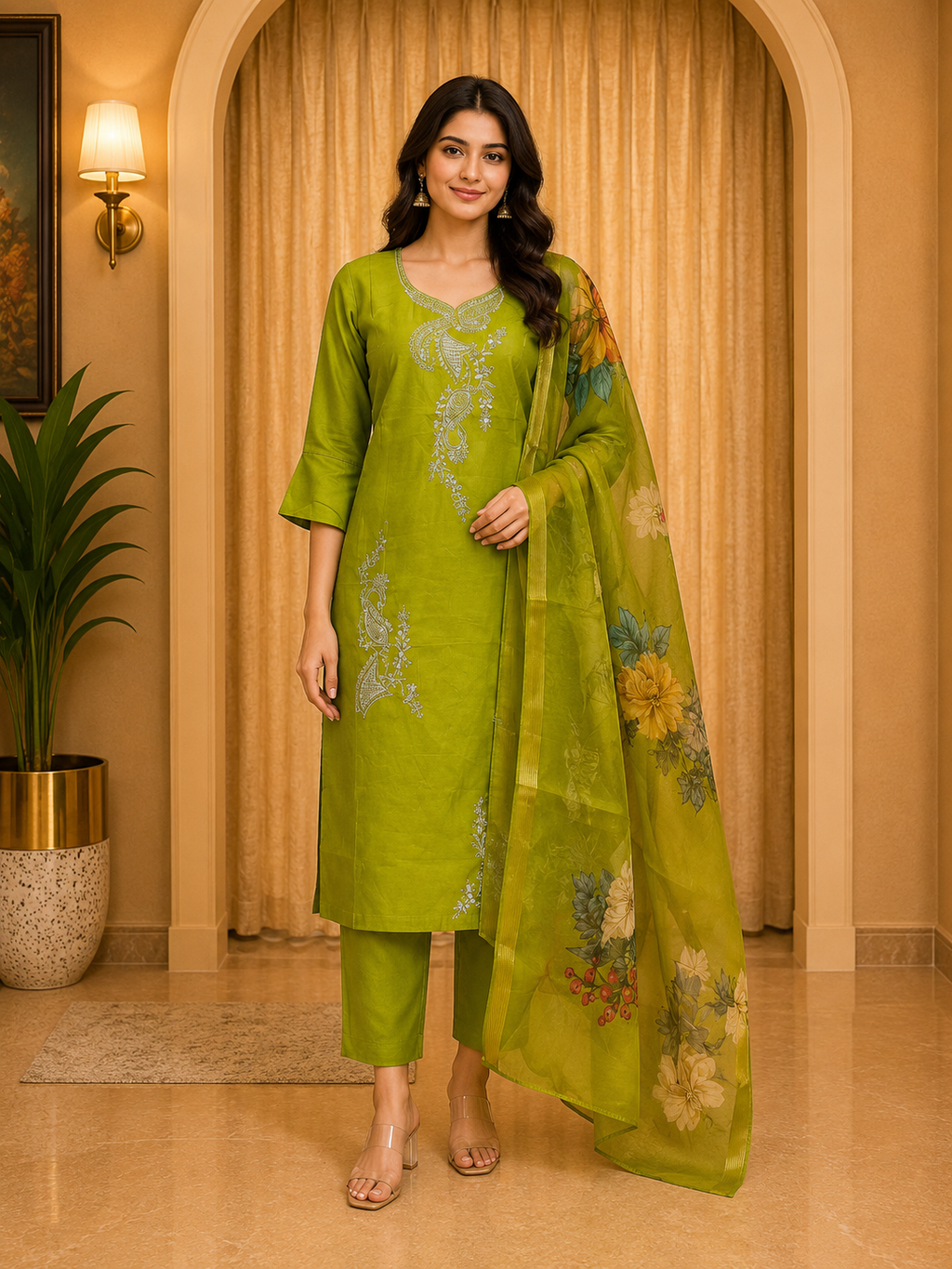 Olive Green ROMAN SILK 3-Piece Embroidered Ethnic Suit Set with Printed Dupatta