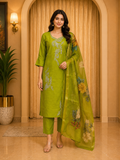 Olive Green ROMAN SILK 3-Piece Embroidered Ethnic Suit Set with Printed Dupatta