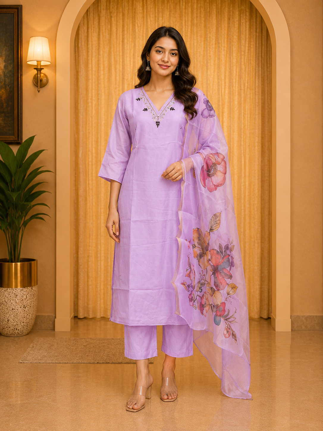 Lavender ROMAN SILK 3-Piece Embroidered Ethnic Suit Set with Floral Printed Dupatta