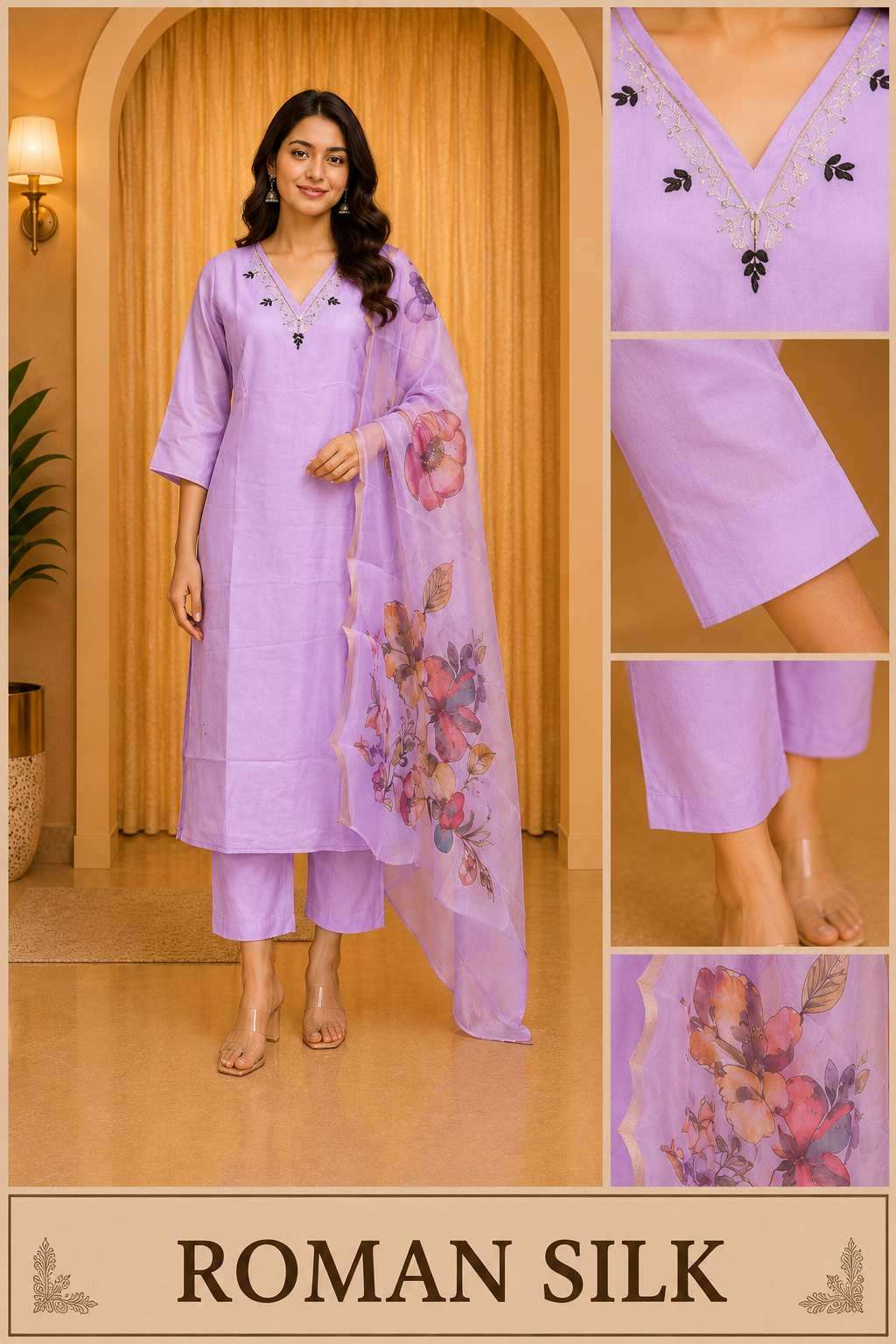 Lavender ROMAN SILK 3-Piece Embroidered Ethnic Suit Set with Floral Printed Dupatta