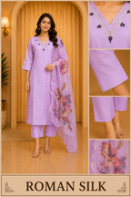 Lavender ROMAN SILK 3-Piece Embroidered Ethnic Suit Set with Floral Printed Dupatta
