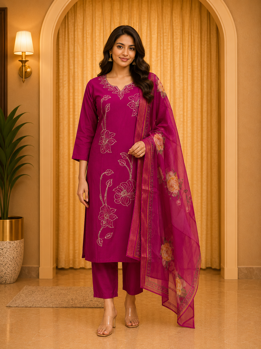 ROMAN SILK Magenta Pink 3-Piece Embroidered Ethnic Suit Set with Floral Dupatta