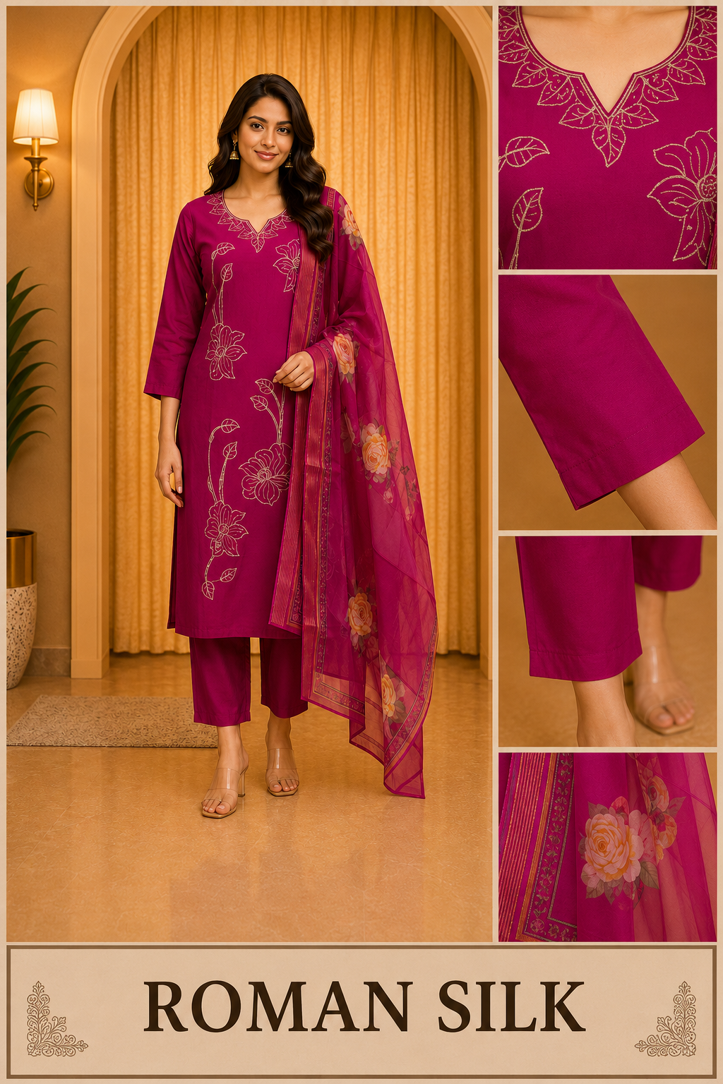 ROMAN SILK Magenta Pink 3-Piece Embroidered Ethnic Suit Set with Floral Dupatta