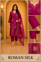 ROMAN SILK Magenta Pink 3-Piece Embroidered Ethnic Suit Set with Floral Dupatta