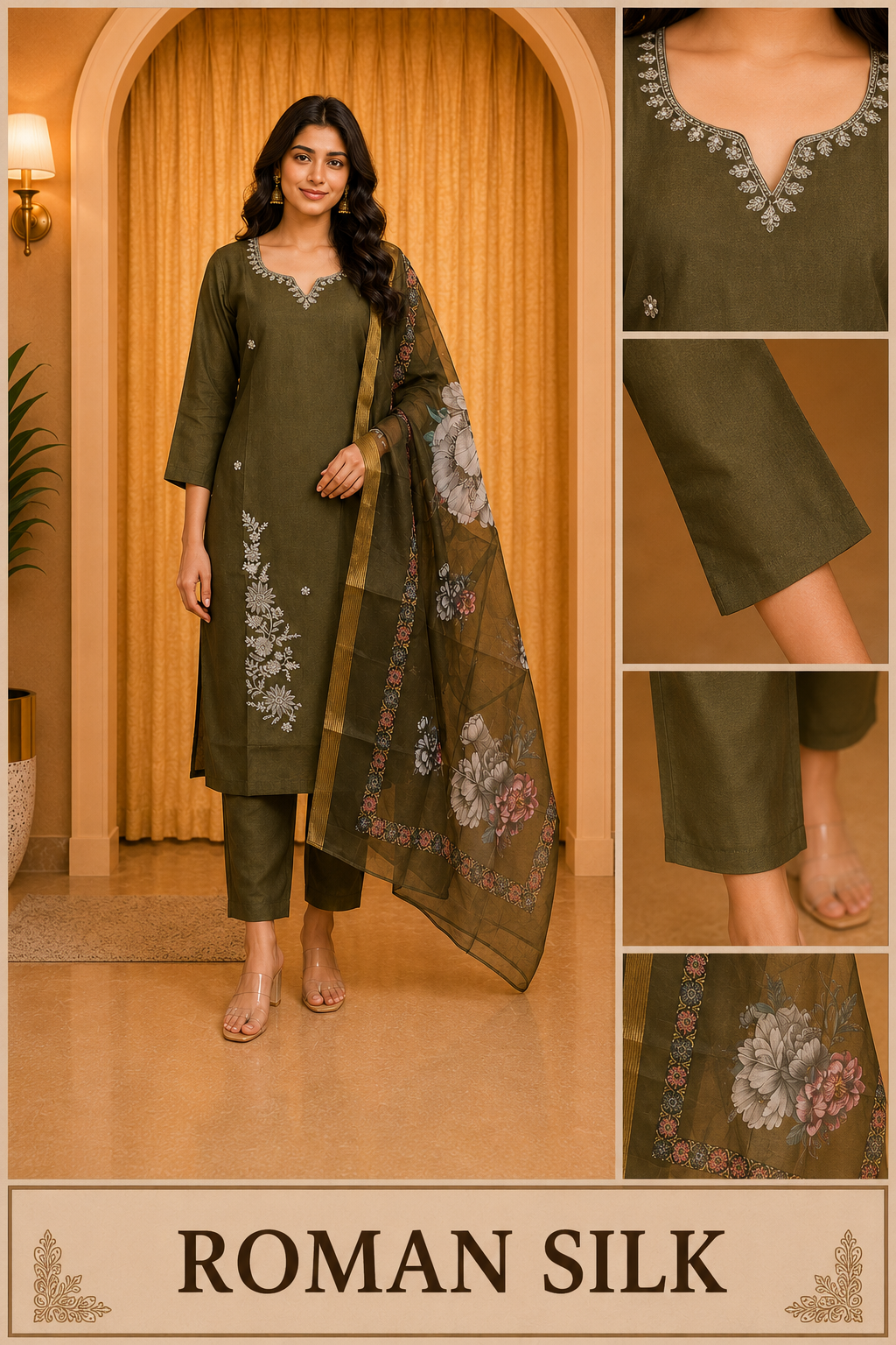 Olive Green ROMAN SILK Embroidered 3-Piece Ethnic Suit Set with Printed Dupatta