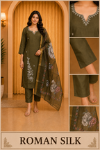 Olive Green ROMAN SILK Embroidered 3-Piece Ethnic Suit Set with Printed Dupatta