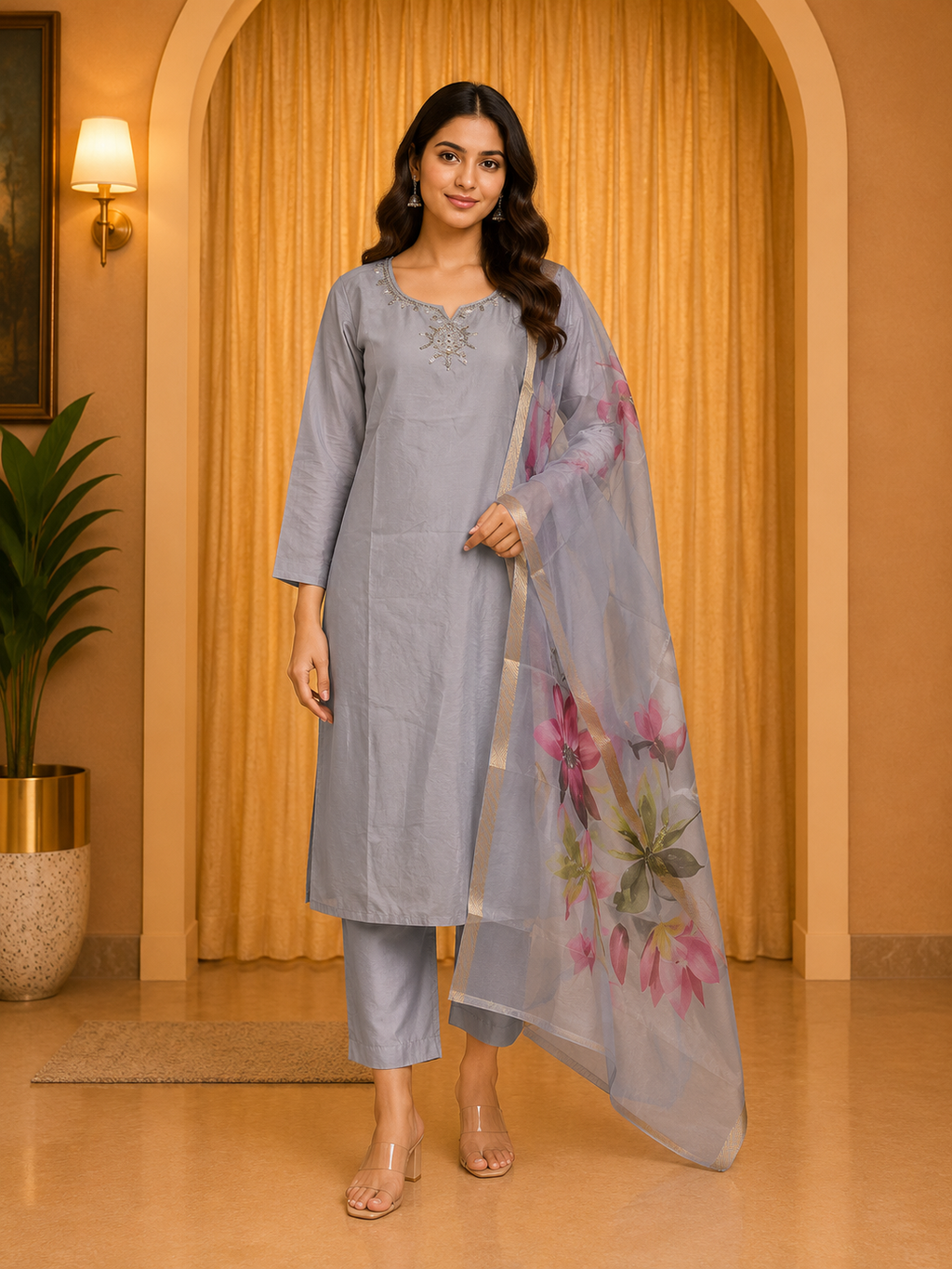 Premium Light Grey ROMAN SILK Embroidered 3-Piece Ethnic Suit Set with Floral Dupatta