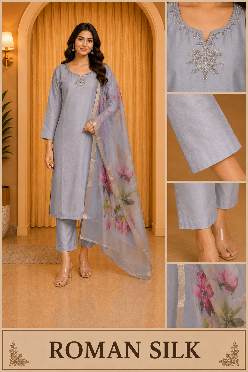 Premium Light Grey ROMAN SILK Embroidered 3-Piece Ethnic Suit Set with Floral Dupatta