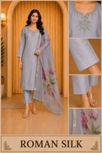 Premium Light Grey ROMAN SILK Embroidered 3-Piece Ethnic Suit Set with Floral Dupatta
