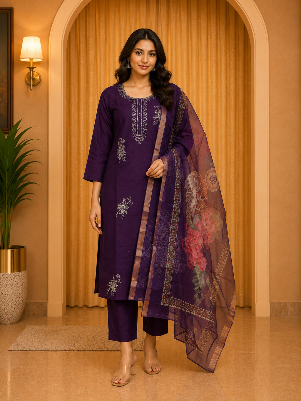 Premium Deep Purple ROMAN SILK Embroidered 3-Piece Ethnic Suit Set with Printed Dupatta