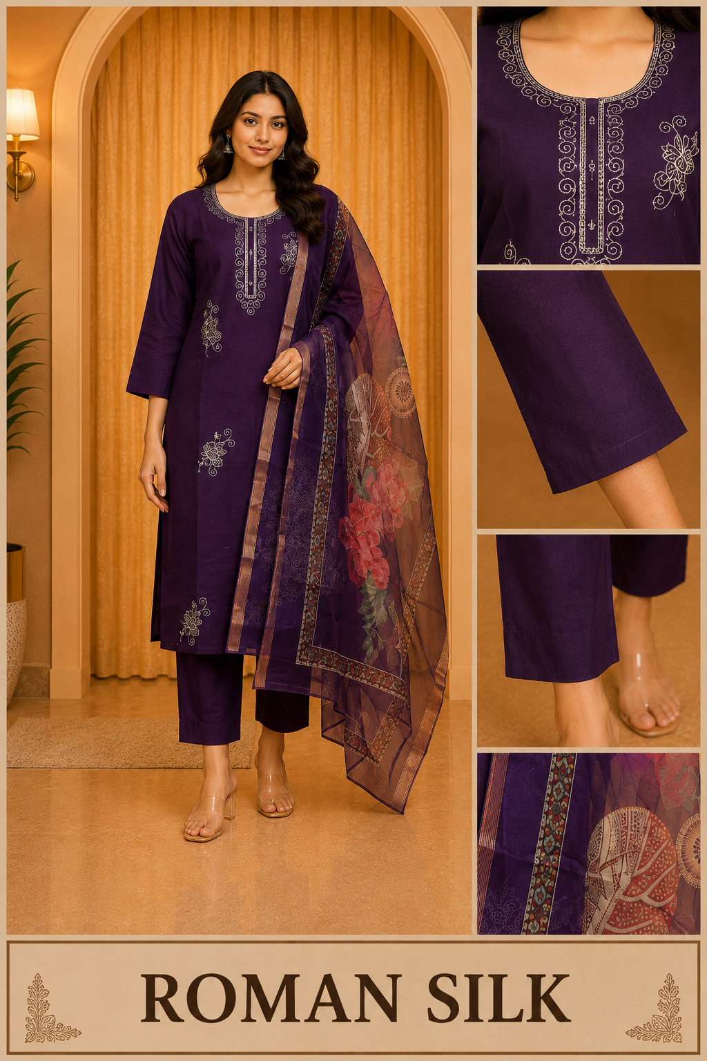 Premium Deep Purple ROMAN SILK Embroidered 3-Piece Ethnic Suit Set with Printed Dupatta