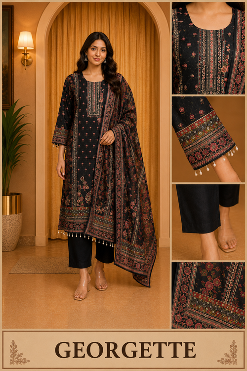 Elegant Black GEORGETTE 3-Piece Ethnic Suit Set with Printed Dupatta