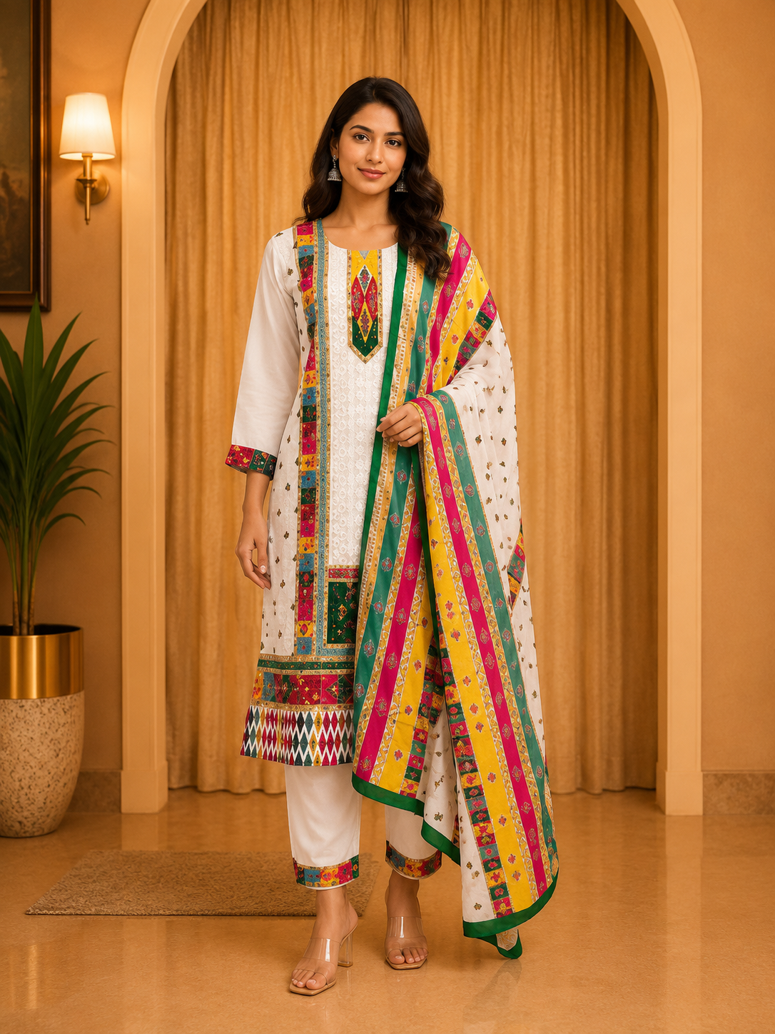 White GEORGETTE Printed Straight Kurti Set with Multicolour Dupatta