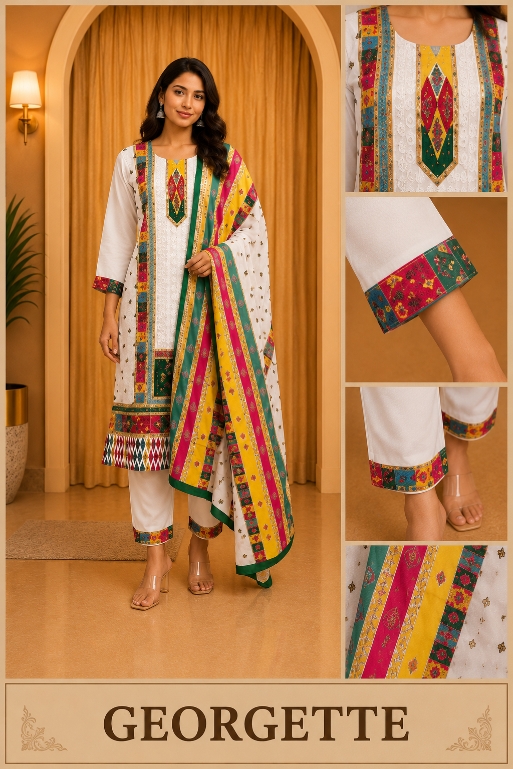 White GEORGETTE Printed Straight Kurti Set with Multicolour Dupatta