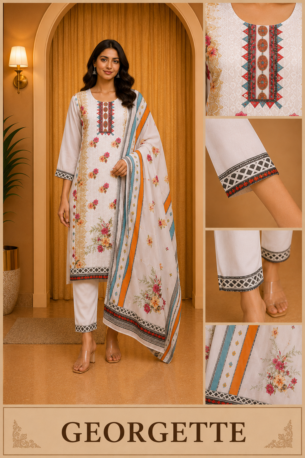 White GEORGETTE Printed Straight Kurti Set with Multicolour Dupatta