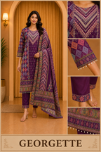 Deep Purple GEORGETTE Printed 3-Piece Ethnic Suit Set with Matching Dupatta