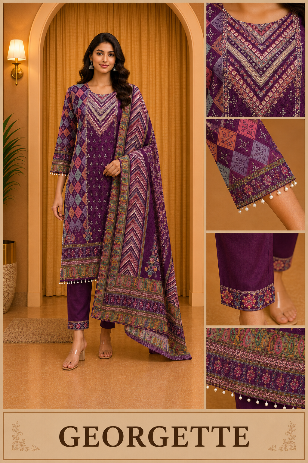 Deep Purple GEORGETTE Printed 3-Piece Ethnic Suit Set with Matching Dupatta