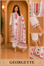 Elegant Off-White GEORGETTE Printed 3-Piece Ethnic Suit Set with Coordinated Dupatta