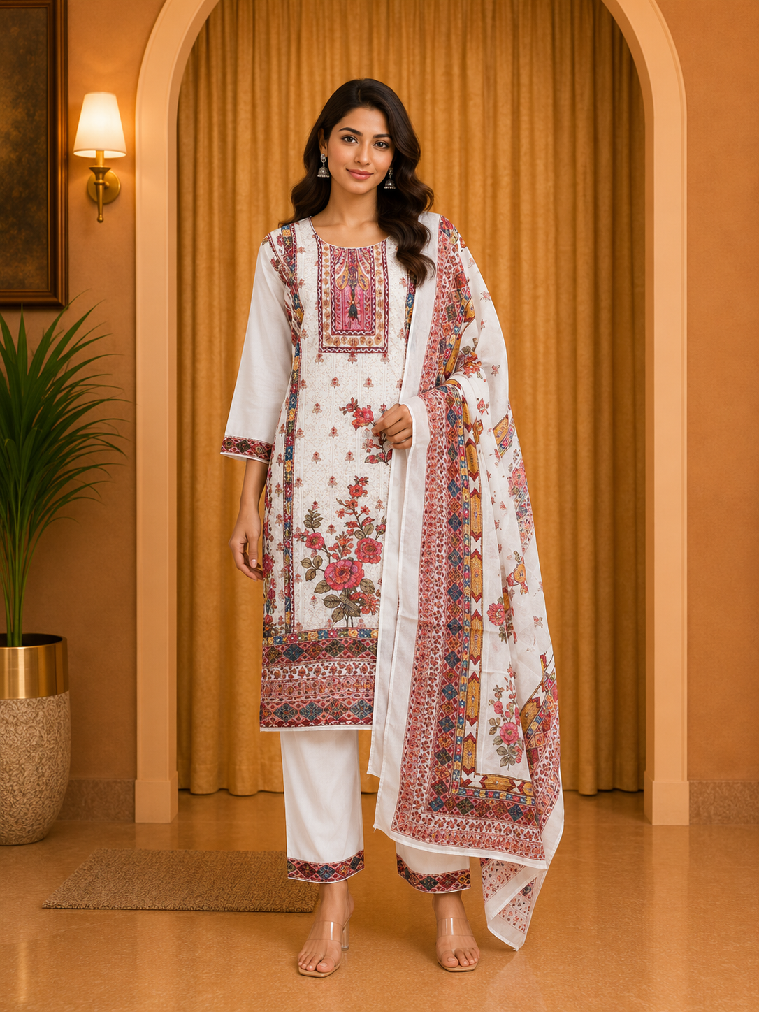 Elegant Off-White GEORGETTE Floral Printed 3-Piece Ethnic Suit Set with Coordinated Dupatta
