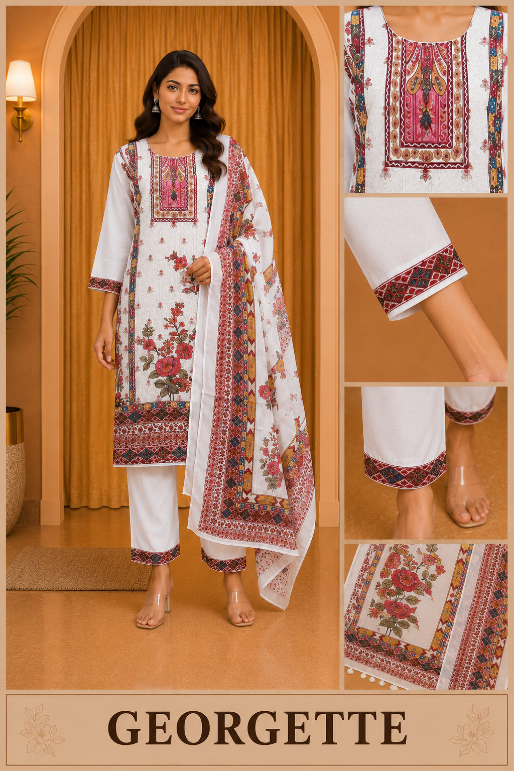 Elegant Off-White GEORGETTE Floral Printed 3-Piece Ethnic Suit Set with Coordinated Dupatta
