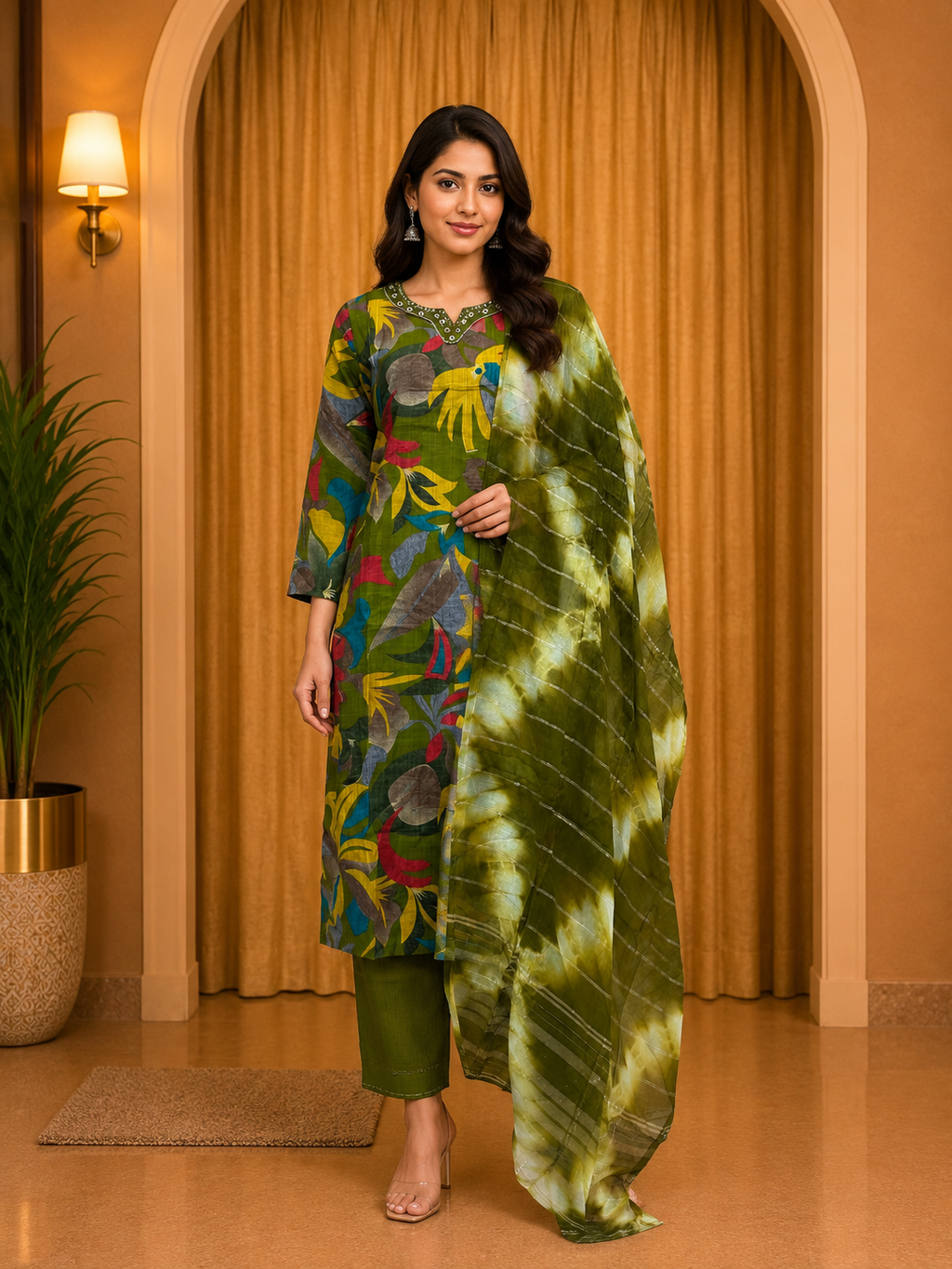 Olive Green Vertican Printed 3-Piece Ethnic Suit Set with Dupatta