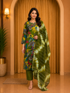 Olive Green Vertican Printed 3-Piece Ethnic Suit Set with Dupatta