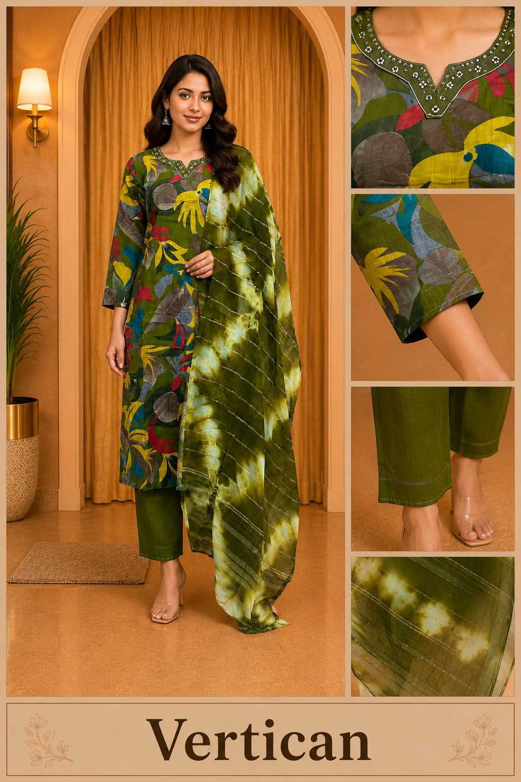 Olive Green Vertican Printed 3-Piece Ethnic Suit Set with Dupatta