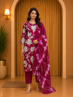 Magenta Vertican Printed 3-Piece Ethnic Suit Set with Dupatta