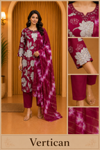 Magenta Vertican Printed 3-Piece Ethnic Suit Set with Dupatta