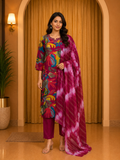 Magenta Vertican Printed 3-Piece Ethnic Suit Set with Matching Dupatta