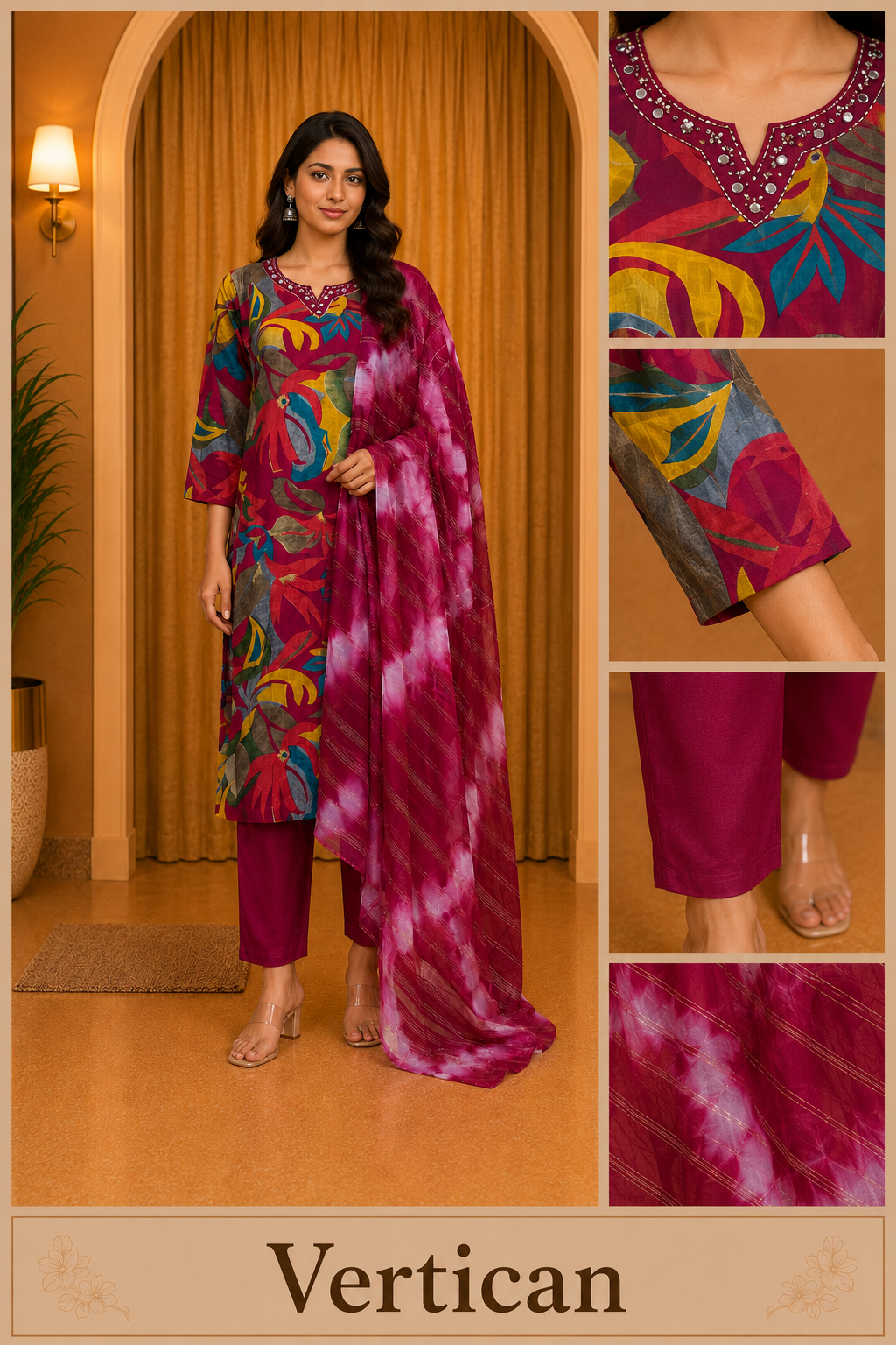 Magenta Vertican Printed 3-Piece Ethnic Suit Set with Matching Dupatta