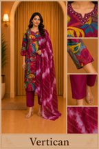 Magenta Vertican Printed 3-Piece Ethnic Suit Set with Matching Dupatta