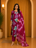 Magenta Floral Print Vertican 3-Piece Ethnic Suit Set with Dupatta