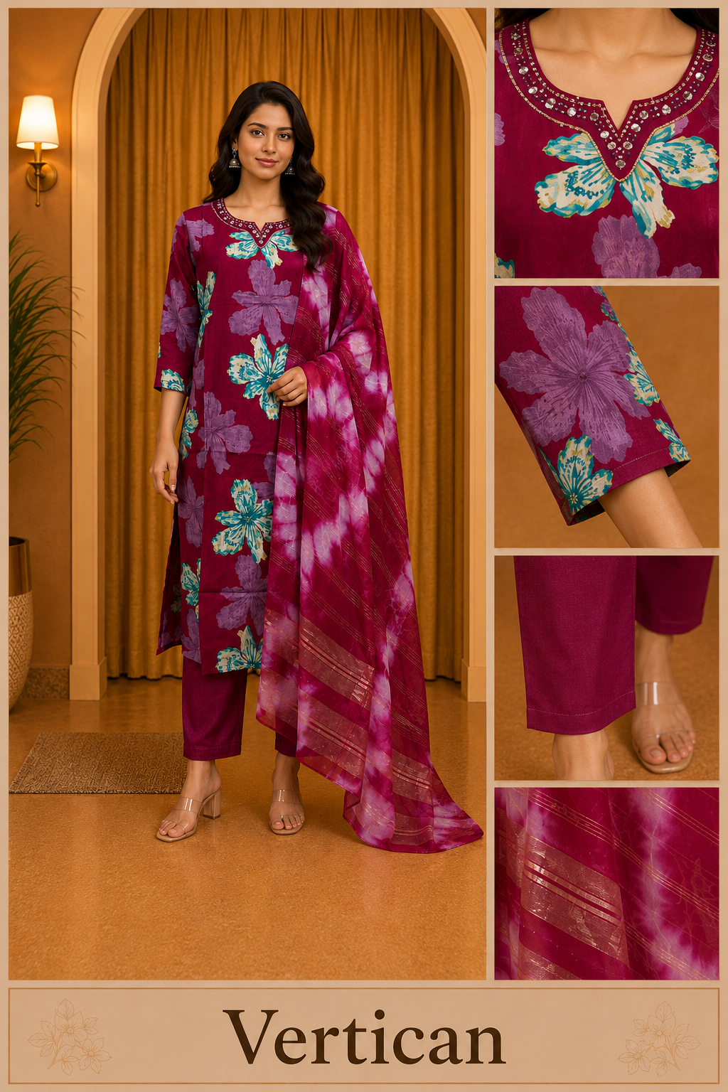 Magenta Floral Print Vertican 3-Piece Ethnic Suit Set with Dupatta