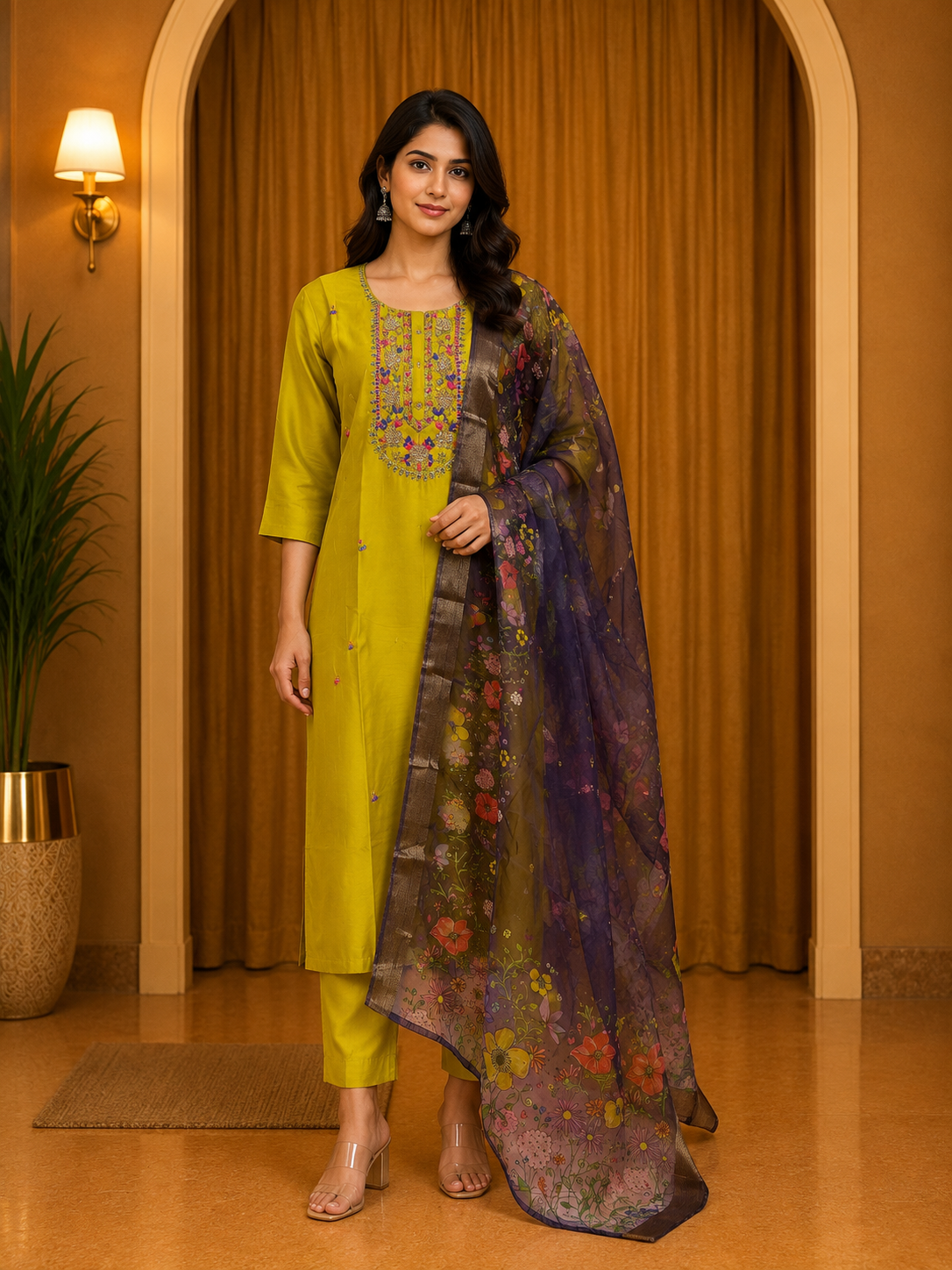 Mustard Yellow ROMAN SILK Embroidered Kurti Set with Printed Sheer Dupatta