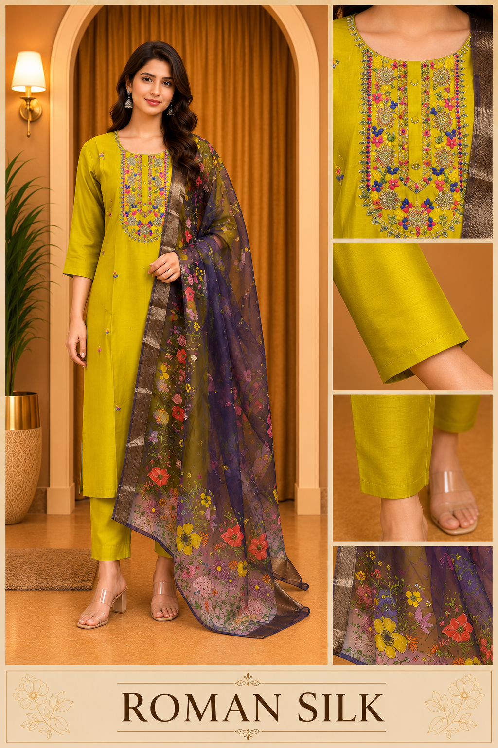 Mustard Yellow ROMAN SILK Embroidered Kurti Set with Printed Sheer Dupatta