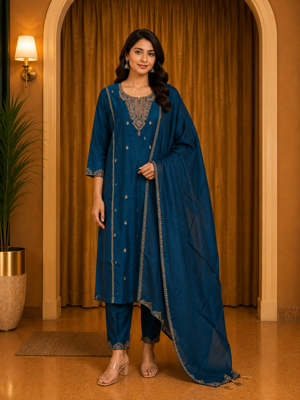 ROMAN SILK Deep Teal Embroidered Straight Kurti Set with Matching Pant &amp; Dupatta