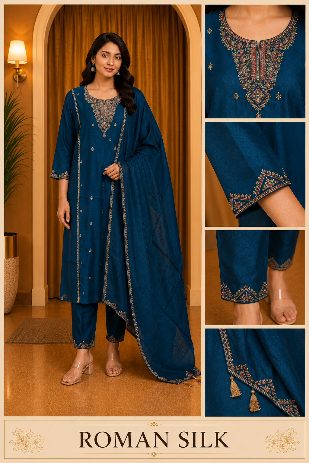 ROMAN SILK Deep Teal Embroidered Straight Kurti Set with Matching Pant &amp; Dupatta