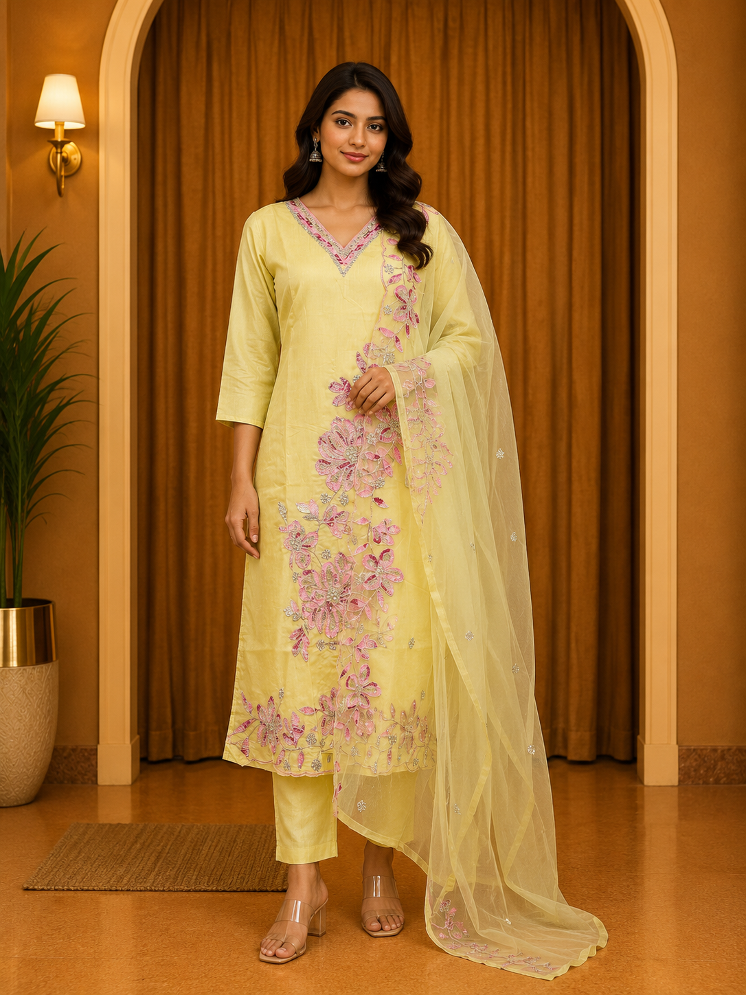 Light Yellow ROMAN SILK Embroidered 3-Piece Ethnic Suit Set with Matching Dupatta