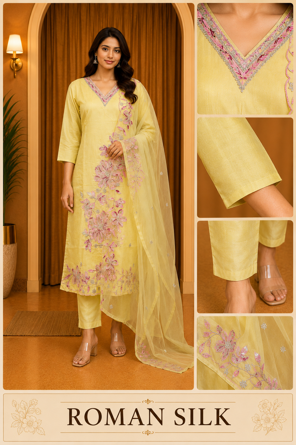 Light Yellow ROMAN SILK Embroidered 3-Piece Ethnic Suit Set with Matching Dupatta