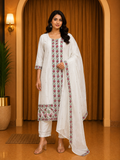 Elegant White ROMAN SILK Embroidered 3-Piece Ethnic Suit Set with Floral Dupatta