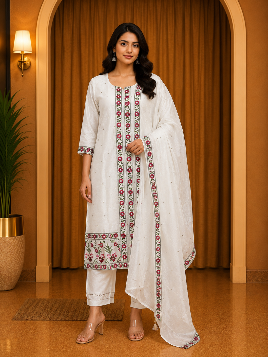 Elegant White ROMAN SILK Embroidered 3-Piece Ethnic Suit Set with Floral Dupatta