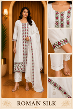 Elegant White ROMAN SILK Embroidered 3-Piece Ethnic Suit Set with Floral Dupatta