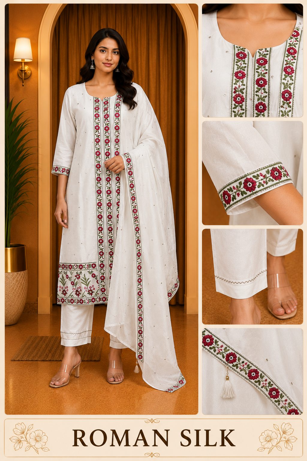 Elegant White ROMAN SILK Embroidered 3-Piece Ethnic Suit Set with Floral Dupatta