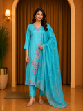 Aqua Blue ROMAN SILK Embroidered Straight Kurti Set with Pant &amp; Dupatta