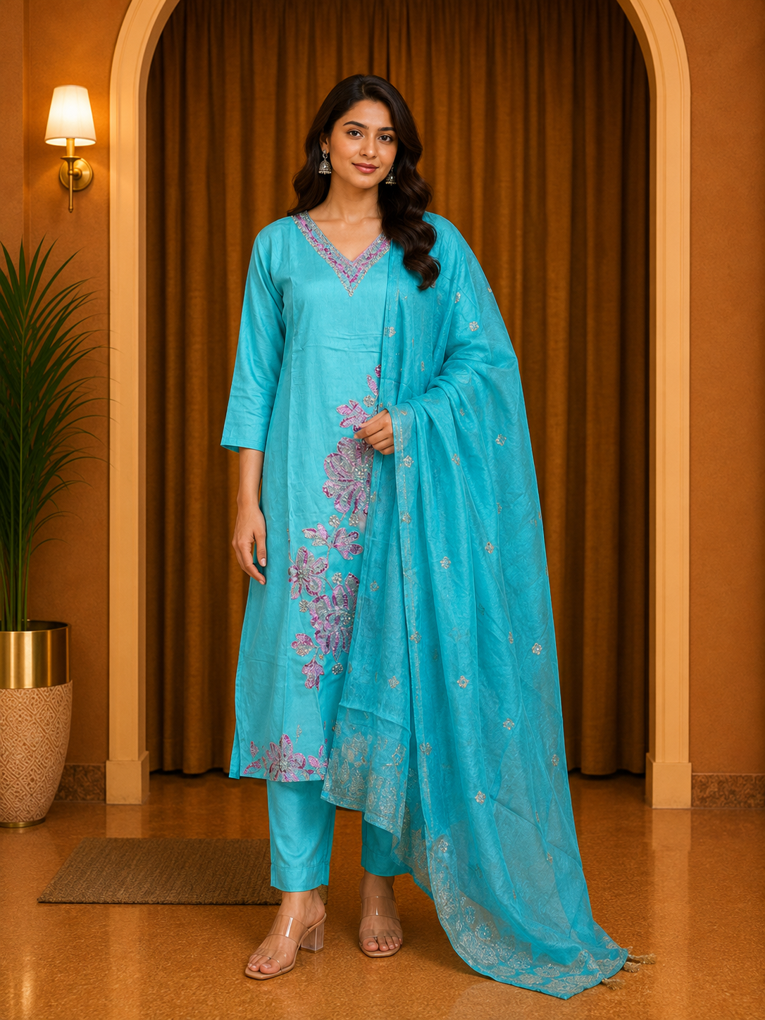 Aqua Blue ROMAN SILK Embroidered Straight Kurti Set with Pant &amp; Dupatta