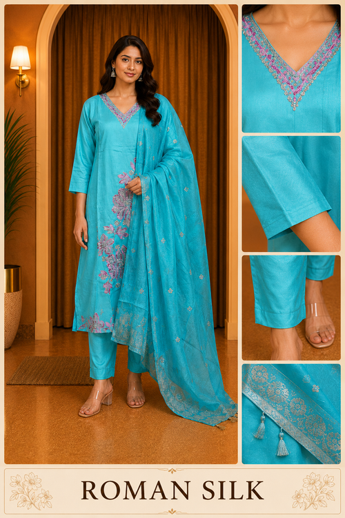 Aqua Blue ROMAN SILK Embroidered Straight Kurti Set with Pant &amp; Dupatta