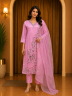 Baby Pink ROMAN SILK Embroidered Straight Kurti Set with Pant &amp; Dupatta